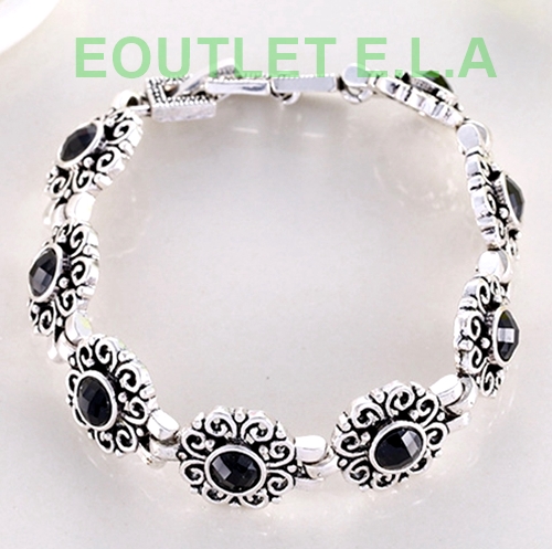VINTAGE STYLE BLACK STONE SILVER BRACELET- 18cm